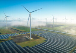 Solar energy fields and wind turbines seen from the air in foggy conditions during a Autumn morning.
Muntendam, the Netherlands, september 2022