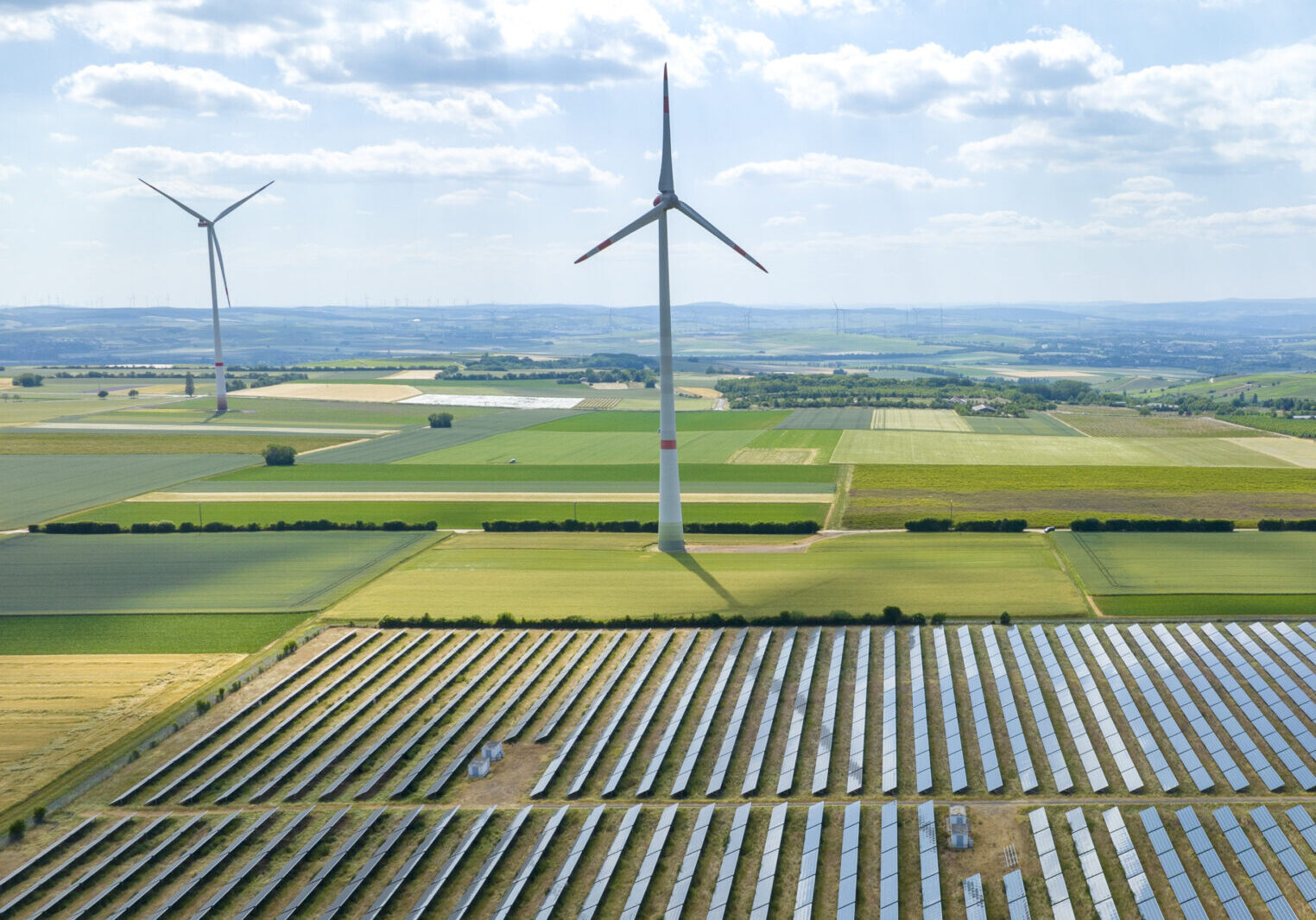 Wind turbines and solar park - aerial view