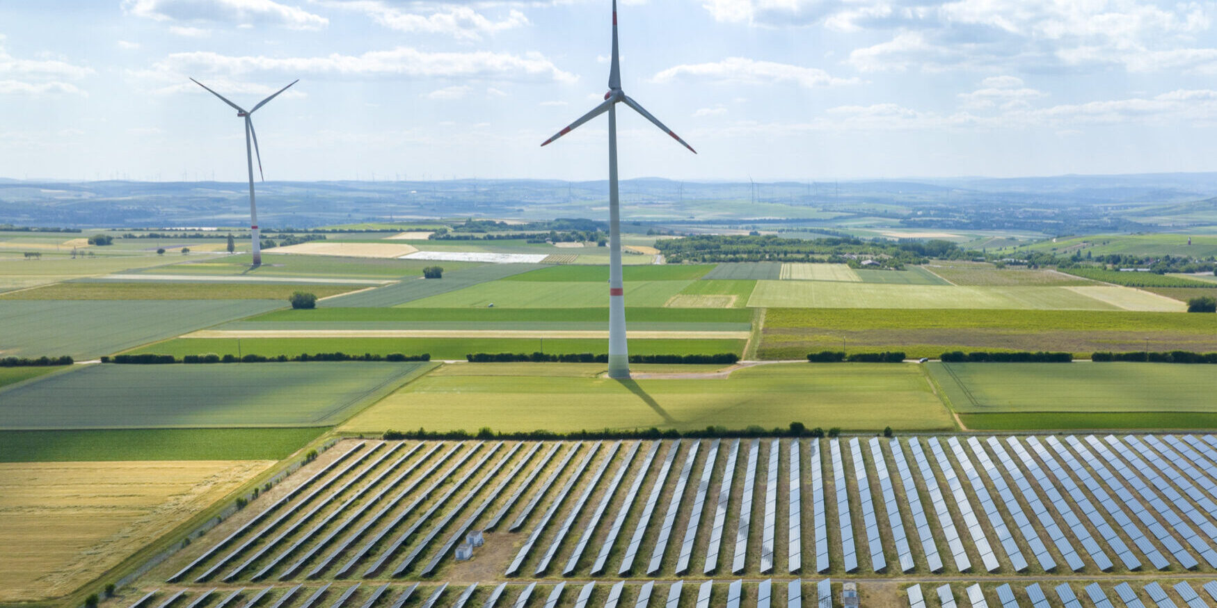 Wind turbines and solar park - aerial view