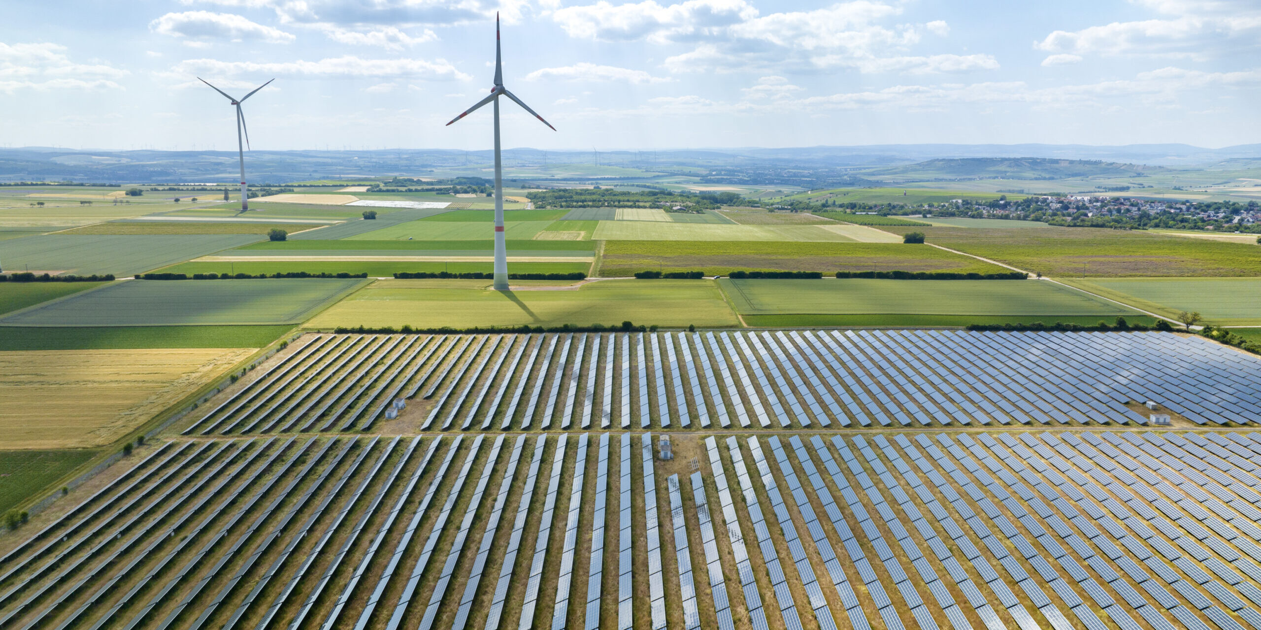 Wind turbines and solar park - aerial view